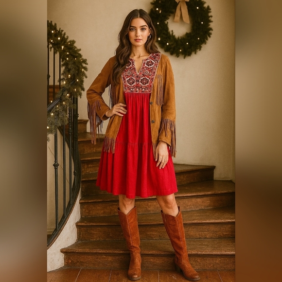 See And Be Seen Dresses & Skirts - See and Be Seen Red Embroidered Linen Boho Midi Dress‎ – Size Small, NWT